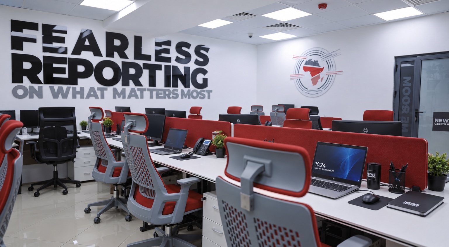 News Central Abuja open newsroom with red desks and office chairs