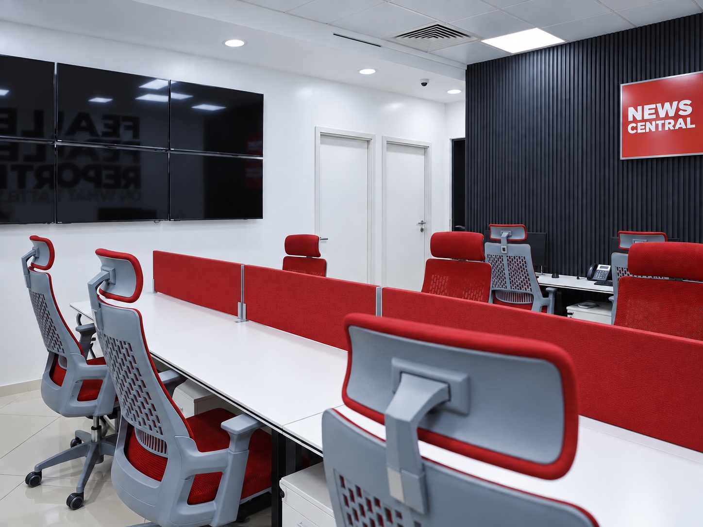 News Central Abuja newsroom with red workstations and a wall-mounted screen